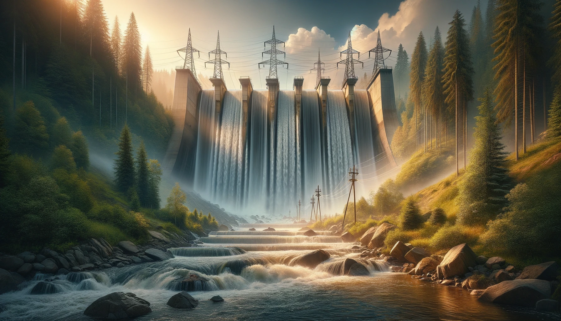 Foto orizzontale e realistica di una grande centrale idroelettrica con diga e cascata, sullo sfondo un paesaggio montuoso sotto un cielo azzurro
