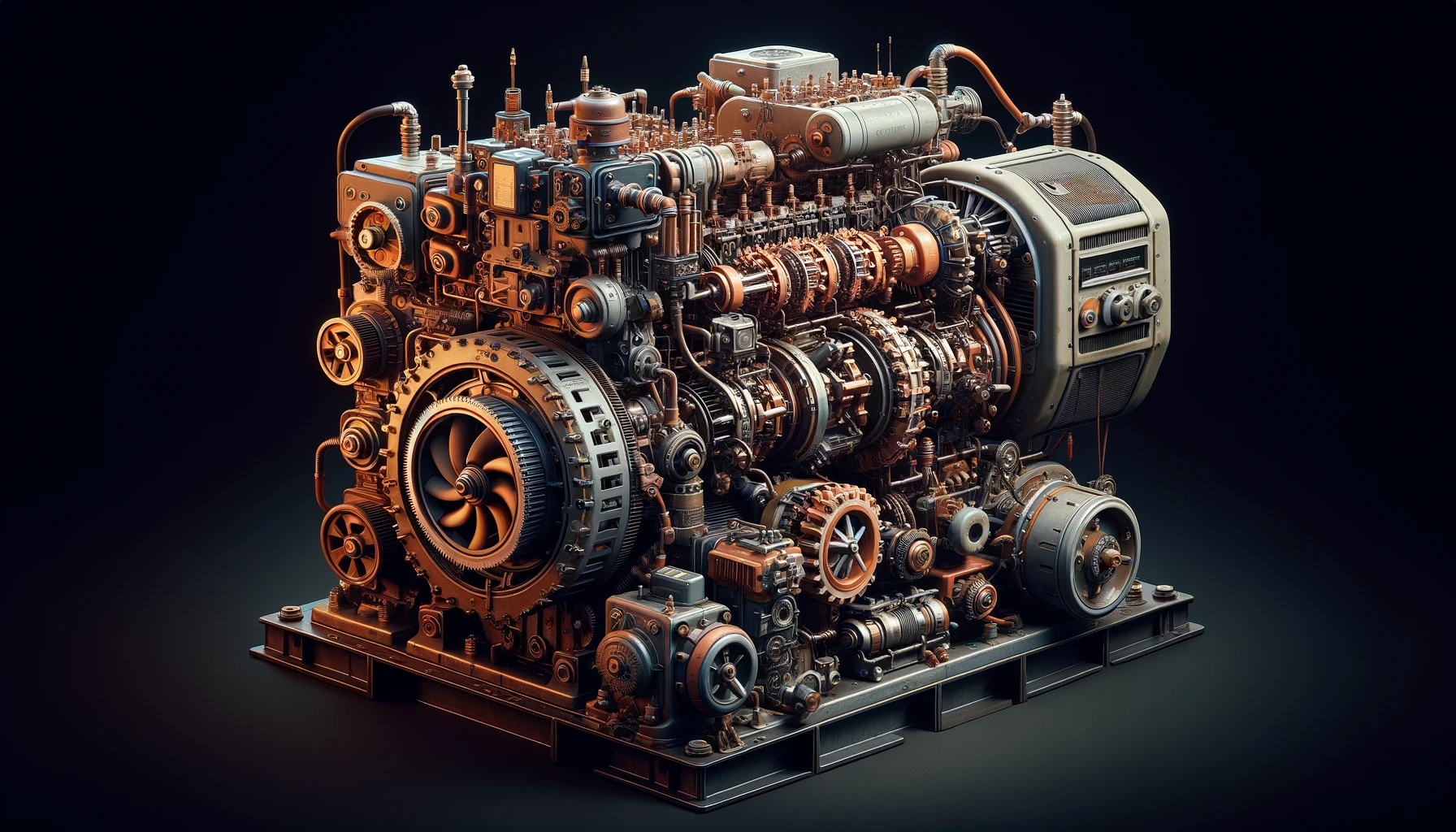 Una foto orizzontale e fotorealistica di un classico generatore DC su un banco di lavoro, con un'attenzione particolare ai suoi componenti meccanici ed elettrici