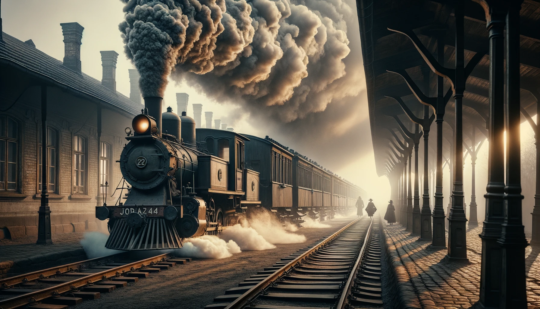 Una foto orizzontale e fotorealistica di un treno a vapore di epoca vittoriana fermo in una stazione con passeggeri in costumi storici in attesa di salire sulle carrozze