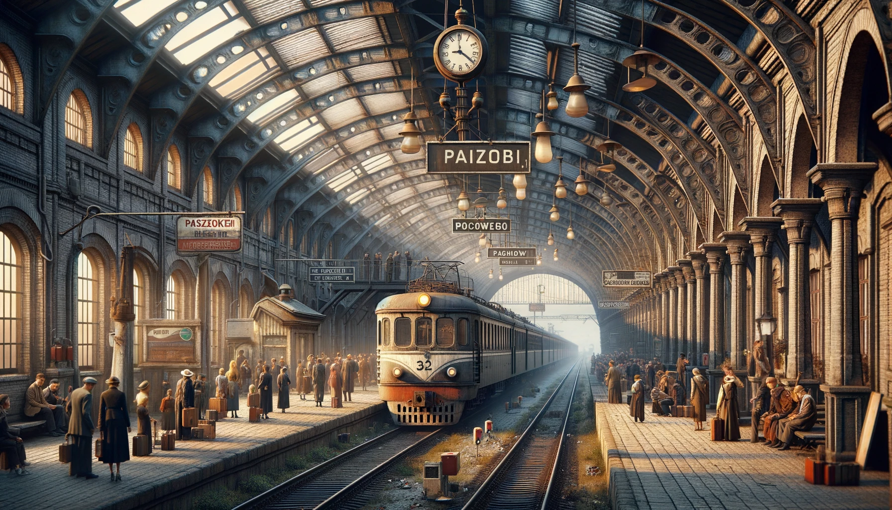 Una foto orizzontale e fotorealistica di un treno a vapore d'epoca in una stazione ferroviaria, con passeggeri in costumi d'epoca in attesa di salire a bordo dei vagoni