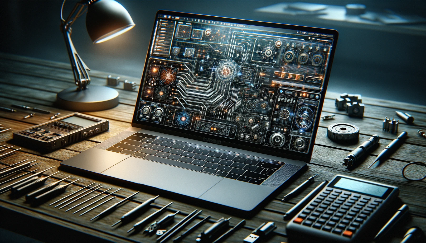 Una foto orizzontale e realistica di un banco da lavoro con accanto un kit per esperimenti elettronici rappresenta un laptop con un simulatore elettronico aperto che mostra lo stesso circuito